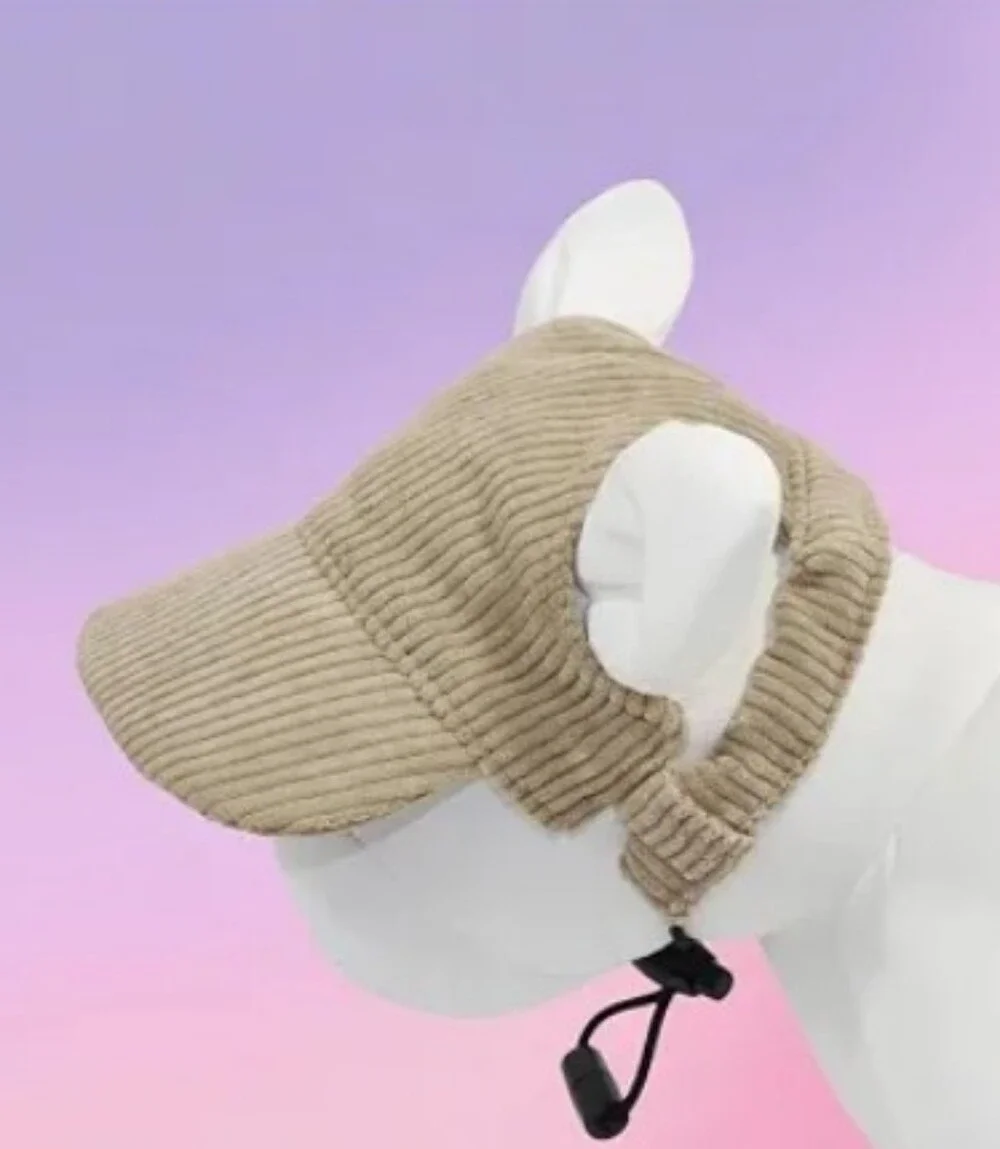 🐶 NWOT Gray Cordoroy Dog Baseball Cap Sun Hat Sunbonnet Visor w/Ear Holes Lg 🐶